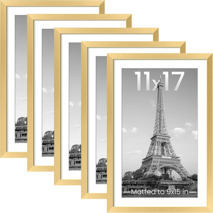 Upsimples 11x17 Picture Frame Set of 5 - Elegant Gold Frames for 9x15 or 11x17 Photos