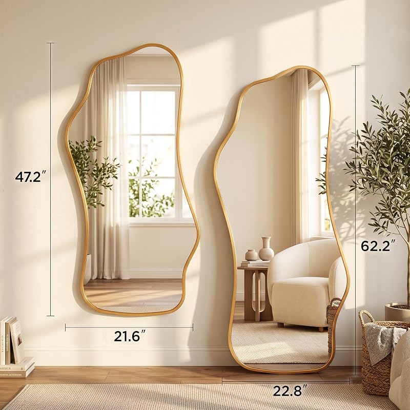 Irregular Full Length Floor Mirror 62.2" x 22.8" with Gold Frame – Wavy Modern Design, 1:1 Reflection