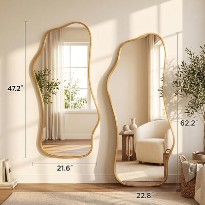 Irregular Full Length Floor Mirror 62.2" x 22.8" with Gold Frame – Wavy Modern Design, 1:1 Reflection