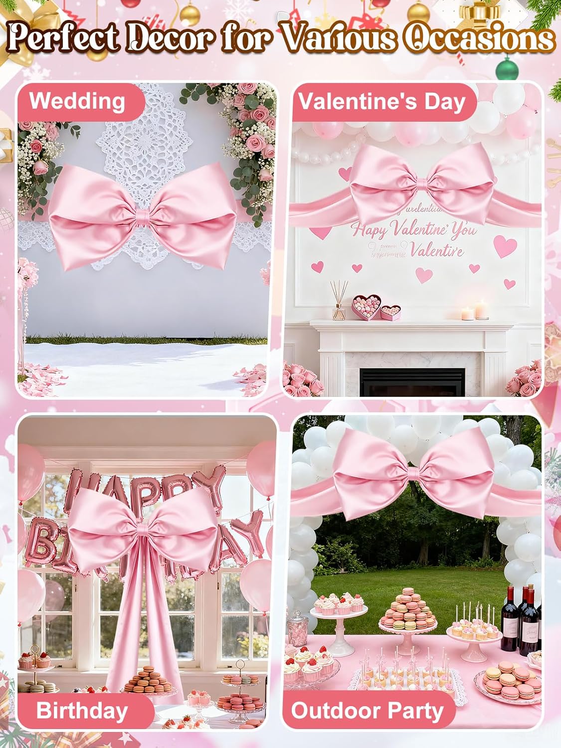 Skiennix 27" x 122" Giant Pink Bow - Satin Birthday Decoration with Long Streamers for Christmas Tree Topper
