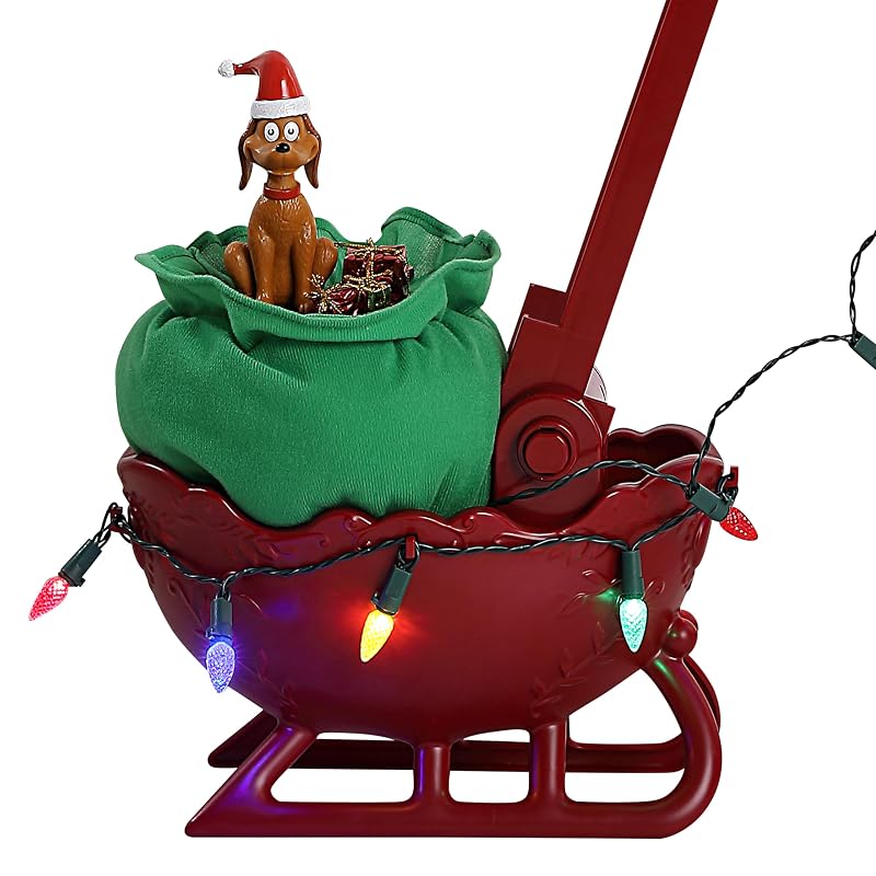 Grinch Animated Utility Sleigh with Ladder, LED Lights & Max the Dog – 34.5" Holiday Decoration