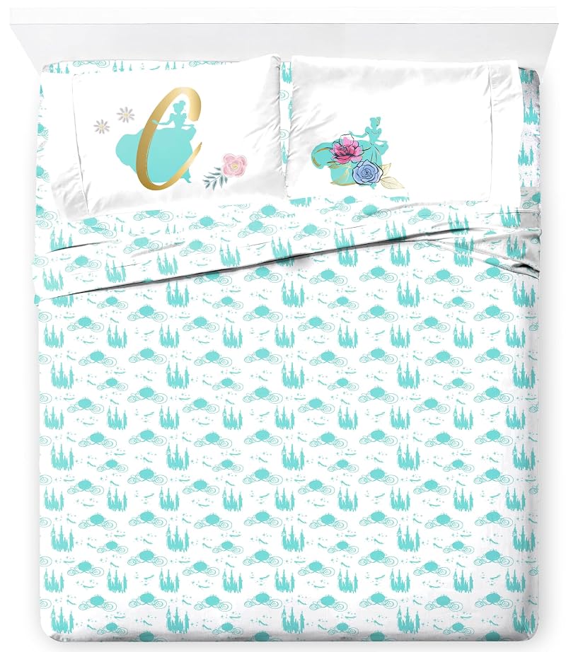 Princess Cinderella 4-Piece Queen Sheet Set - Ultra-Soft Blue Bedding with Fitted & Flat Sheets + Pillowcases (Variation: Blue - Princess Cinderella+4 Piece Queen)