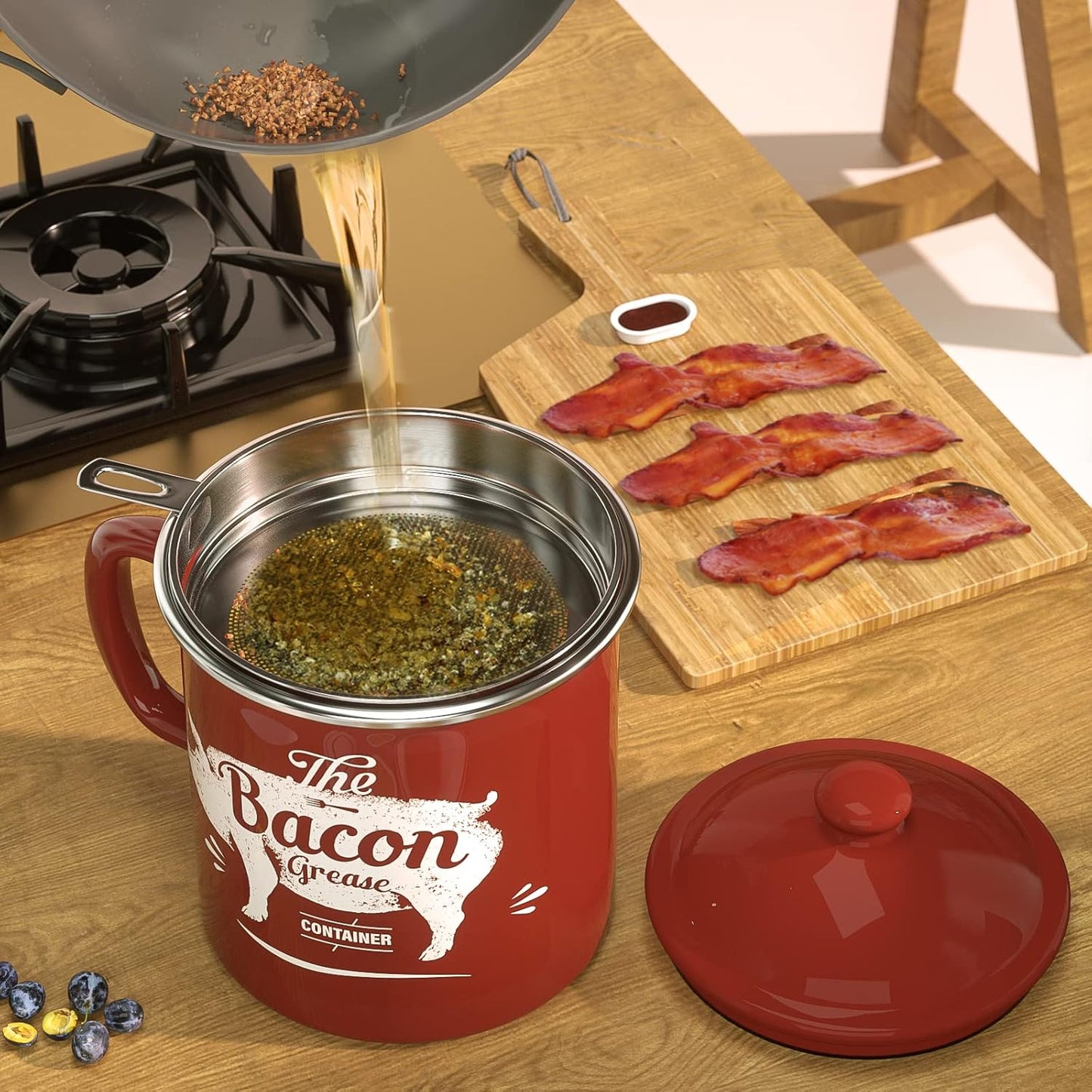 Skiennix Black Meat Chopper & 46oz Red Bacon Grease Container - Efficient Kitchen Tools