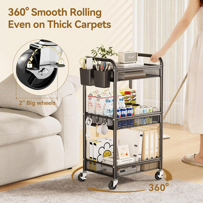 YASONIC 3-Tier Rolling Cart - Metal Utility Storage with Wheels, Hooks & Mesh Basket - Black