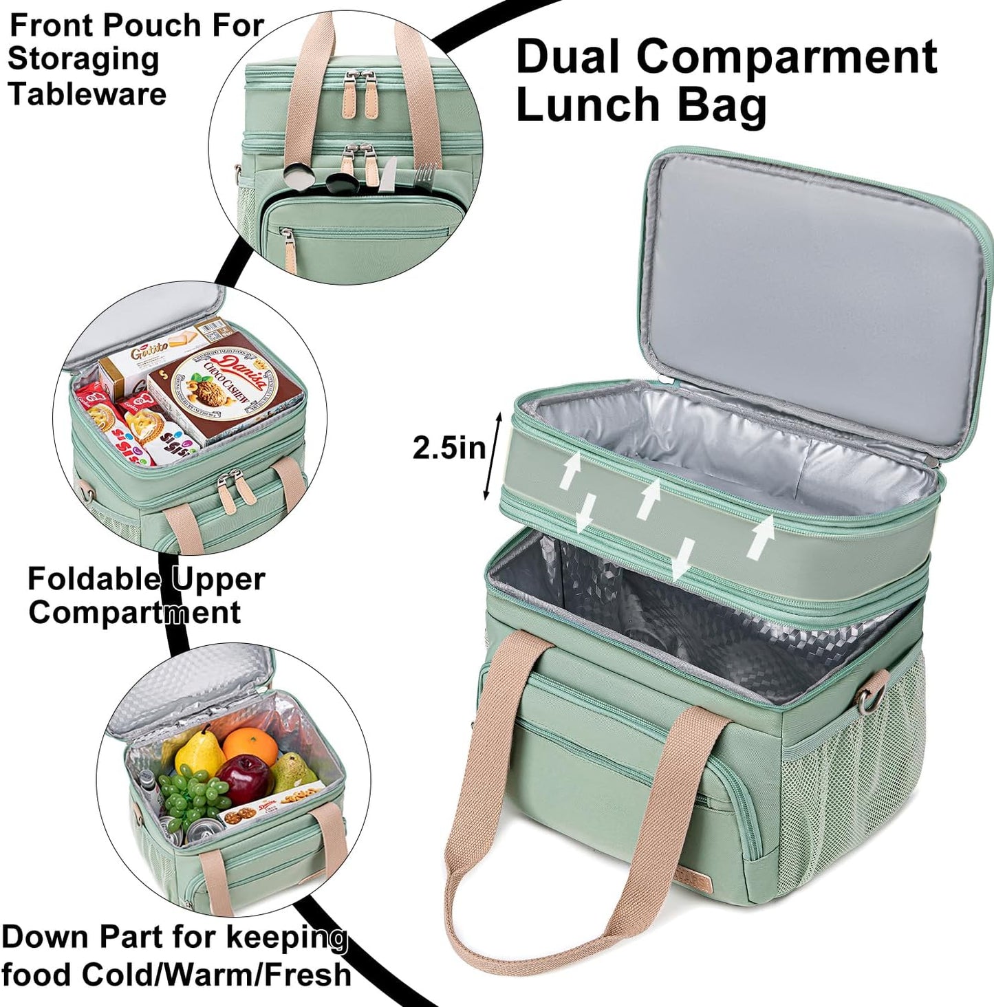 Weitars Insulated Lunch Box | Waterproof Dual Compartment Tote Cooler Bag (15L) - Green