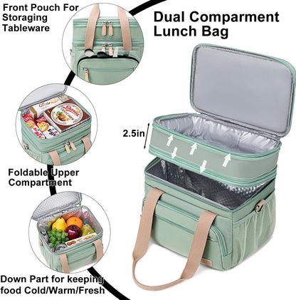 Weitars Insulated Lunch Box | Waterproof Dual Compartment Tote Cooler Bag (15L) - Green