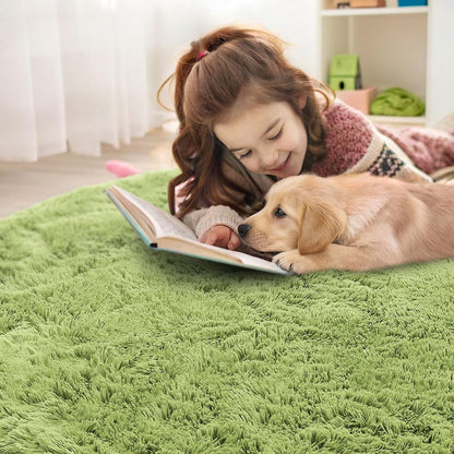 OLANLY Round Grass Green Rug - Soft, Fluffy Shaggy Carpet for Bedroom | 2 ft Machine Washable Area Rug
