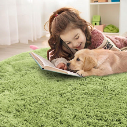 OLANLY Grass Green Round Rugs for Bedroom - Machine Washable, 8 ft Circle Area Rugs for Living Room, Soft and Fluffy Shaggy Carpet for Teen Girls and Boys, Nursery Rooms, Dorms, Home Decor Aesthetic
