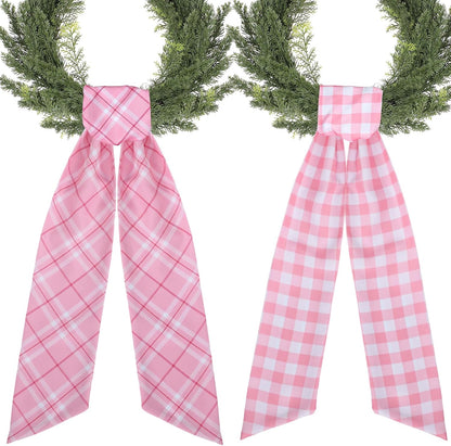 Pink Plaid Wreath Sash - 2 Pcs 60 Inch Buffalo Plaid Sashes for Valentine's Day Home Decor | Wedding & Baby Shower