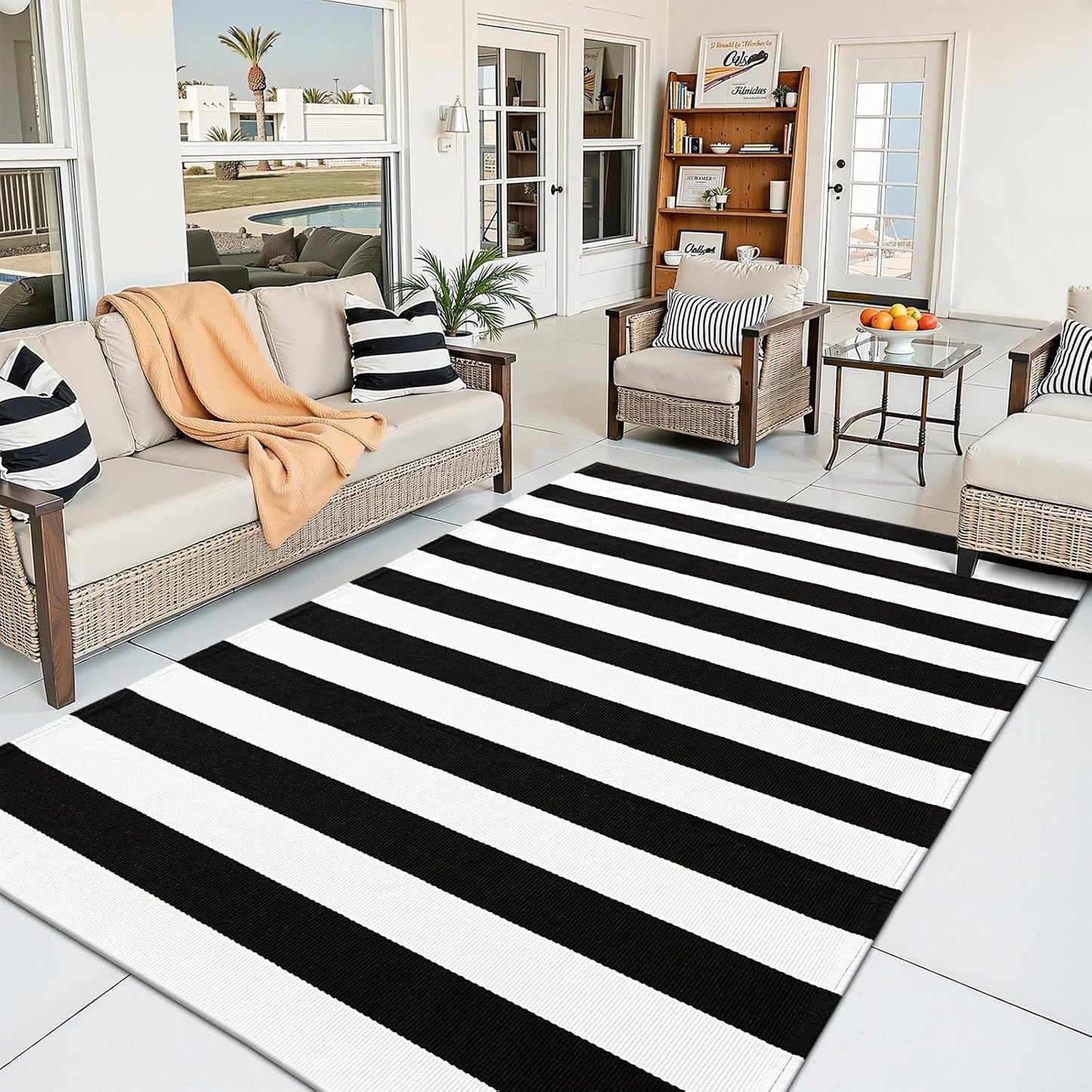 OLANLY Striped Rug - Washable Black and White Cotton Doormat | 3' x 5' for Indoor & Outdoor Use