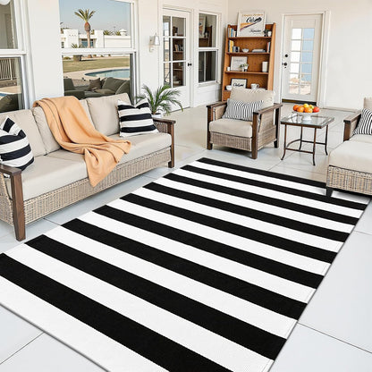 OLANLY Striped Rug - Washable Black and White Cotton Doormat | 3' x 5' for Indoor & Outdoor Use