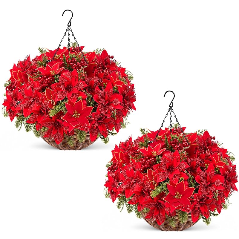 Artificial Velvet Poinsettia Hanging Baskets Outdoor 2-Pack - Red & Green