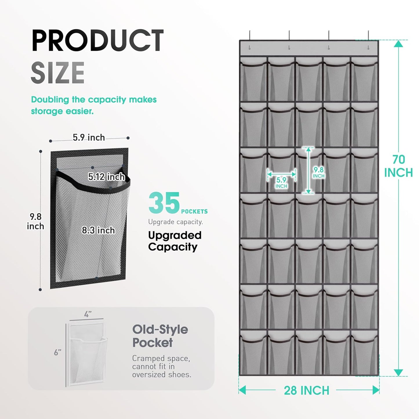 WVM Over The Door Shoe Organizer - 35 Breathable Mesh Pockets & 4 Metal Hooks - Large Grey Storage Solution