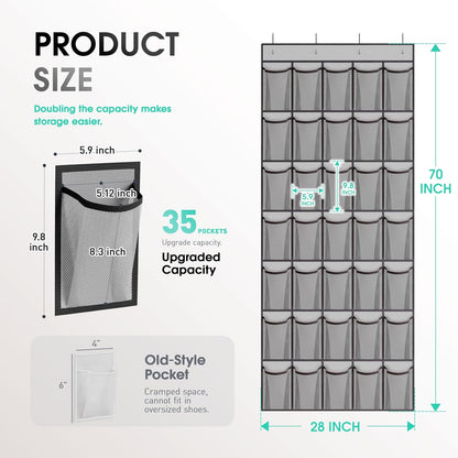 WVM Over The Door Shoe Organizer - 35 Breathable Mesh Pockets & 4 Metal Hooks - Large Grey Storage Solution