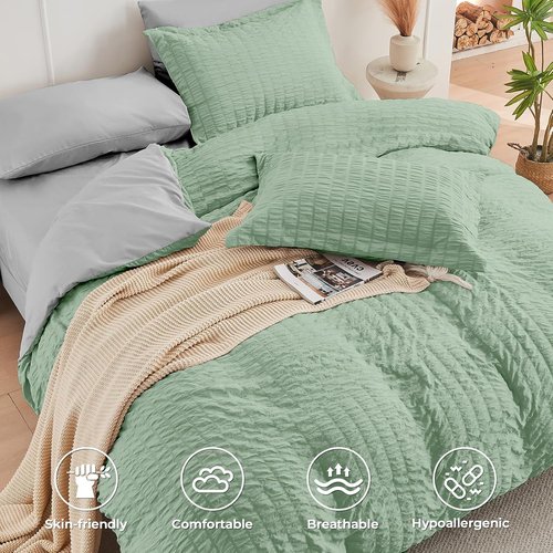 HYMOKEGE Queen Comforter Set - Luxury 7-Piece Bedding in Sage Green & Light Grey | All-Season Seersucker Design