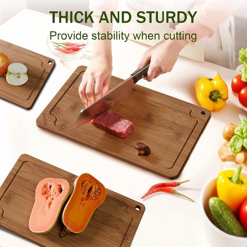 Bamboo Cutting Boards Set - Premium Wood Chopping Boards with Juice Grooves & Handles | Large, Medium, Small Sizes