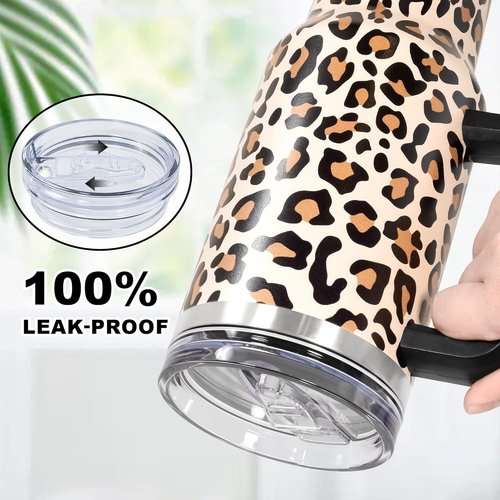 40 oz Stainless Steel Tumbler by [Brand Name] - Leak-Proof Travel Mug with Handle & Straw | Cheetah Design