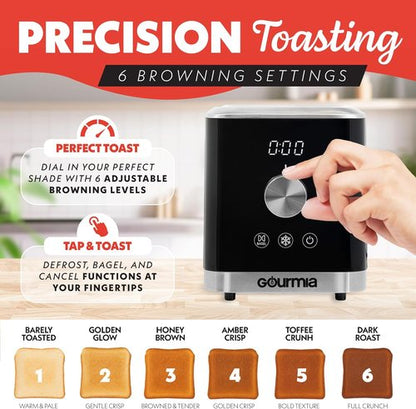 Gourmia 2 Slice Toaster - Extra Wide Slots, 6 Browning Levels & One-Touch Toasting | Compact Black Design