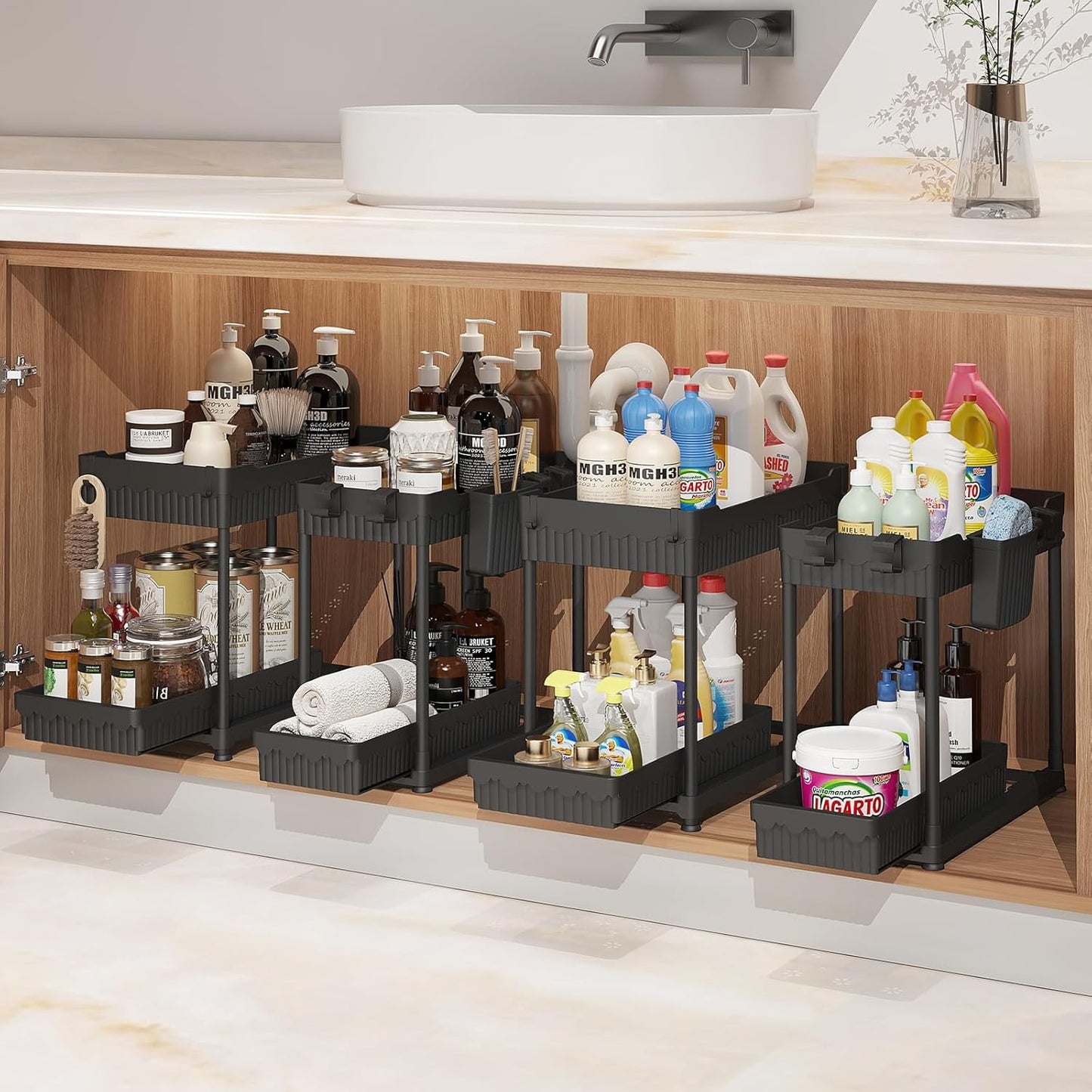 Sevenblue Under Sink Organizer - 2 Tier Multi-Use Pull Out Cabinet Storage | Black, 4 Pack
