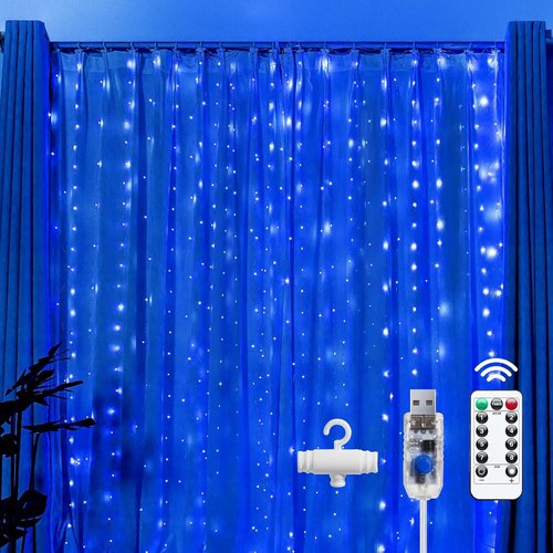 Brightown 300 LED Blue Fairy Curtain Lights - 9.8ft x 9.8ft String Lights with Remote & 8 Modes for Indoor/Outdoor Use