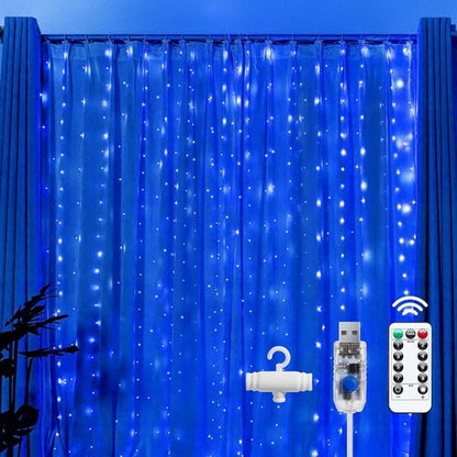 Brightown 300 LED Blue Fairy Curtain Lights - 9.8ft x 9.8ft String Lights with Remote & 8 Modes for Indoor/Outdoor Use