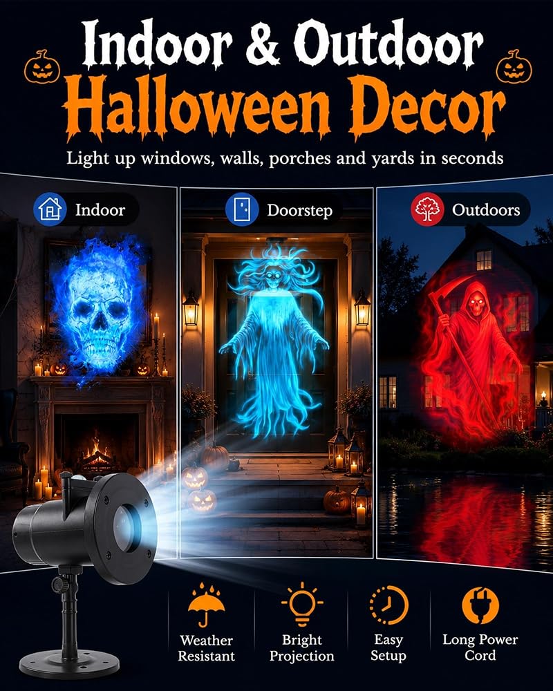 Halloween Projector - 10 HD Projection Slides, 32ft Wide Indoor/Outdoor Display, Ghosts, Witches & More (Variation of THIS listing: 0)