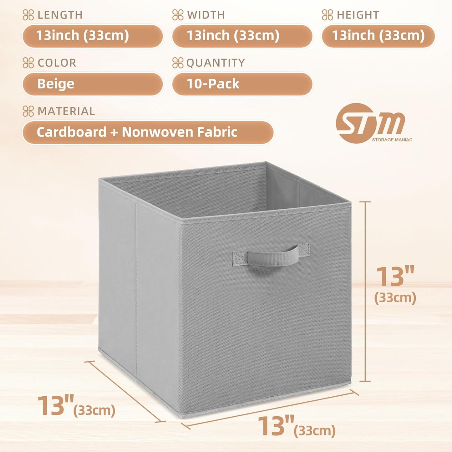 Storage Maniac 13-Inch Collapsible Storage Cubes - 10 Pack Durable Fabric Bins for Organization | Grey