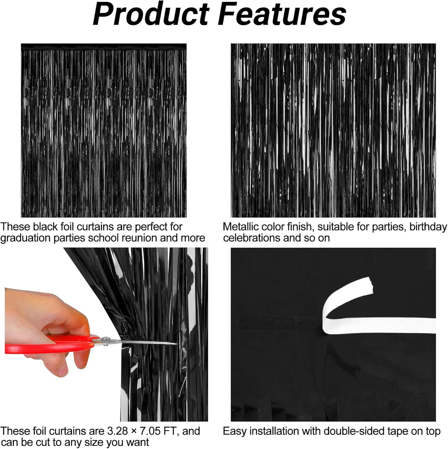 2026 Graduation Party Decorations - 2 Pack Black Backdrop with Metallic Fringe | 3.28 FT x 7.05 FT
