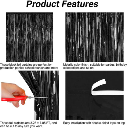 2026 Graduation Party Decorations - 2 Pack Black Backdrop with Metallic Fringe | 3.28 FT x 7.05 FT