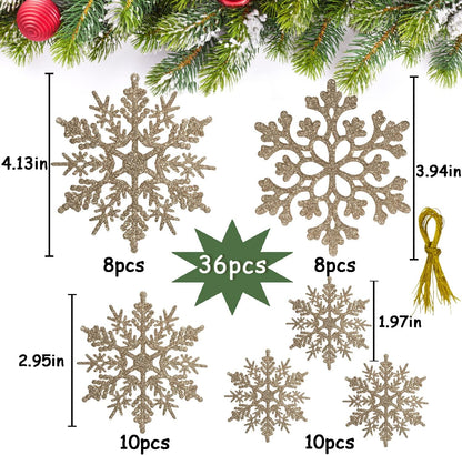 Skiennix 36pcs Christmas Snowflake Ornaments - Glittering Gold Decor for Winter Trees