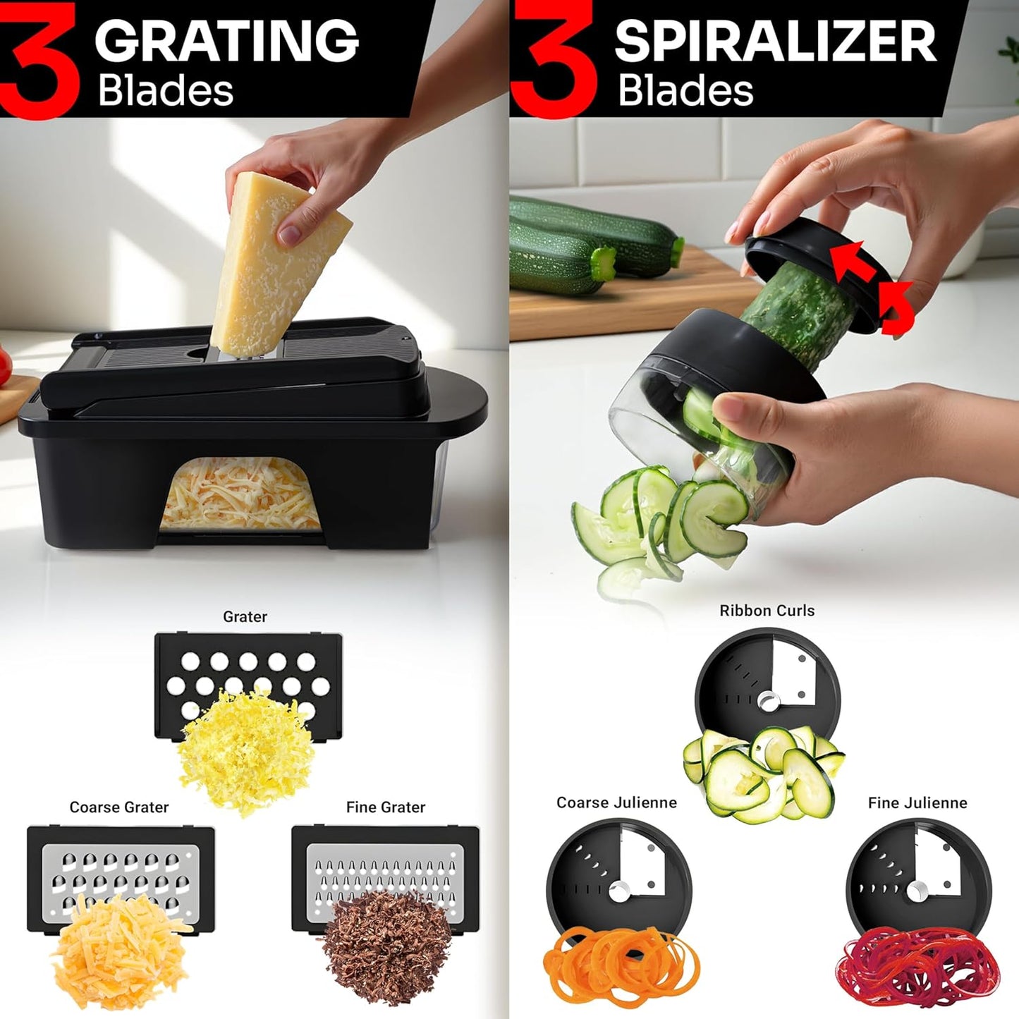 Mueller ULTIMATE 12-Blade Vegetable Chopper - Versatile Mandoline Slicer & Spiralizer | Black Kitchen Essential