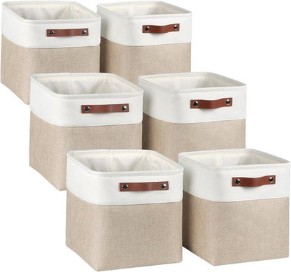 Kntiwiwo Fabric Storage Cubes - Foldable 10.5”x10.5”x11” Closet Organizers | 6 Pack, Beige with PU Leather Handles