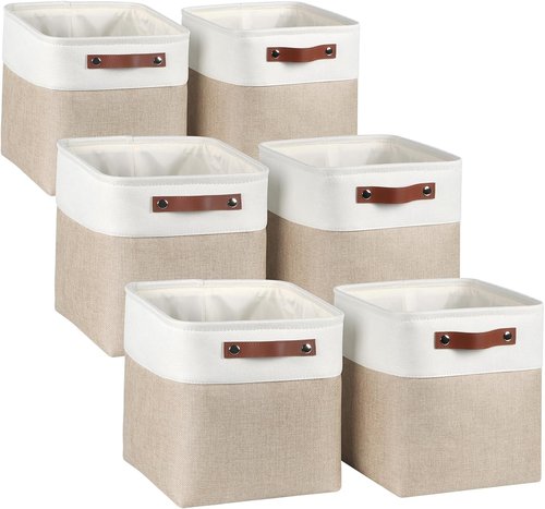 Kntiwiwo Fabric Storage Cubes - Foldable 10.5”x10.5”x11” Closet Organizers | 6 Pack, Beige with PU Leather Handles