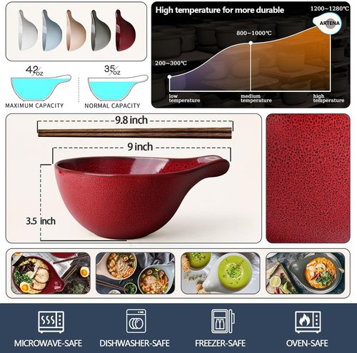 Artena Ramen Bowl - 42oz Ceramic Noodle Bowl Set with Chopsticks | Large Deep Soup & Pasta Bowl in Red