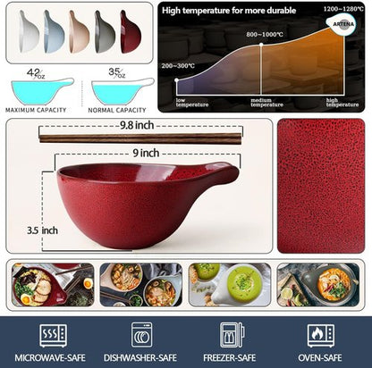Artena Ramen Bowl - 42oz Ceramic Noodle Bowl Set with Chopsticks | Large Deep Soup & Pasta Bowl in Red