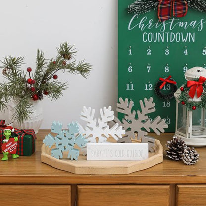 KORMMCO Christmas Snowflake Decor - White Wooden Table Signs | Winter Tiered Tray Decorations (4 Pieces)