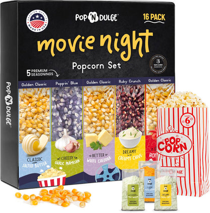 Pop n' Dulge Gourmet Popcorn Gift Set - 16 Pcs with 5 Flavors & Seasonings | Perfect Movie Night Snacks