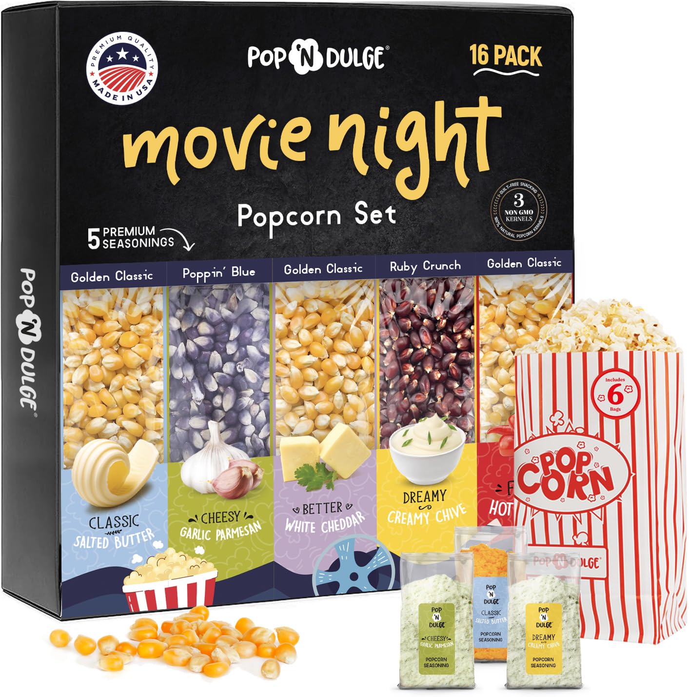 Pop n' Dulge Gourmet Popcorn Gift Set - 16 Pcs with 5 Non-GMO Kernels & Seasoning Packs | Perfect for Movie Nights & Housewarming Gifts