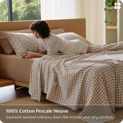 Bedsure 100% Washed Cotton Percale Queen Sheets - Breathable Gingham 6-Piece Set with 18" Deep Pockets (Brown)