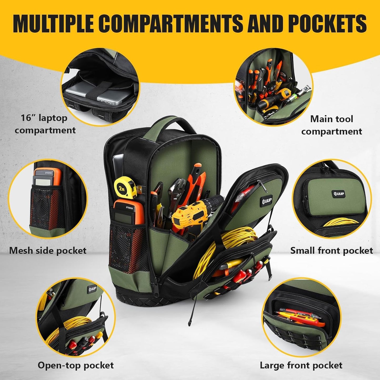 UUP Heavy Duty Tool Backpack - Large Waterproof Organizer with Molded Hard Bottom | Ideal for Technicians & Contractors