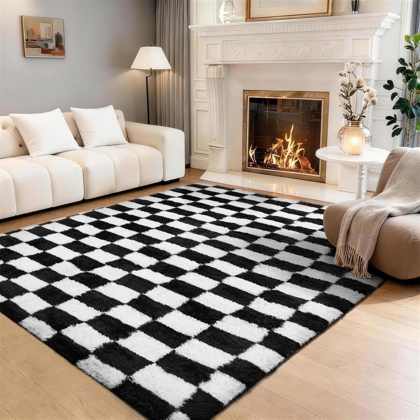 Ophanie Checkered Black & White Area Rug - Fluffy Soft Shaggy Carpet for Living Room & Bedroom | 4x6 Furry Decor