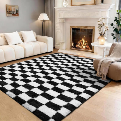 Ophanie Checkered Black & White Area Rug - Fluffy Soft Shaggy Carpet for Living Room & Bedroom | 4x6 Furry Decor