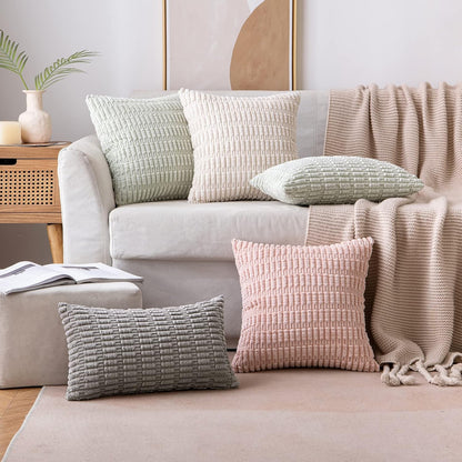 MIULEE Corduroy Throw Pillow Covers - Soft Boho Striped Design | 12x12 Inch Cream White for Modern Home Decor