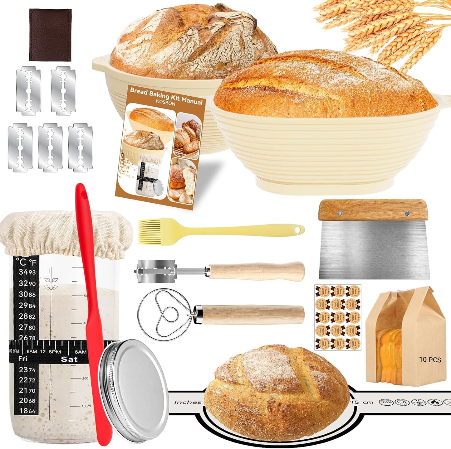 Skiennix 24 PCS Sourdough Starter Kit - Includes 34oz Jar & Silicone Banneton Proofing Baskets