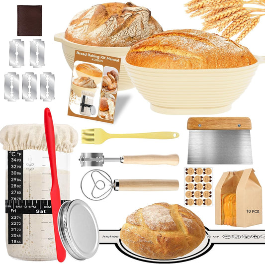 Skiennix 24 PCS Sourdough Starter Kit - Includes 34oz Jar & Silicone Banneton Proofing Baskets