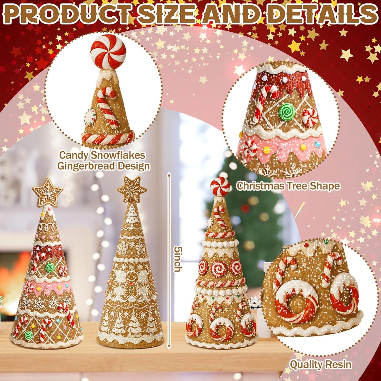 Simgoing Gingerbread Christmas Tree Figurines - 3 Pack Resin Tabletop Decorations for Holiday Centerpieces