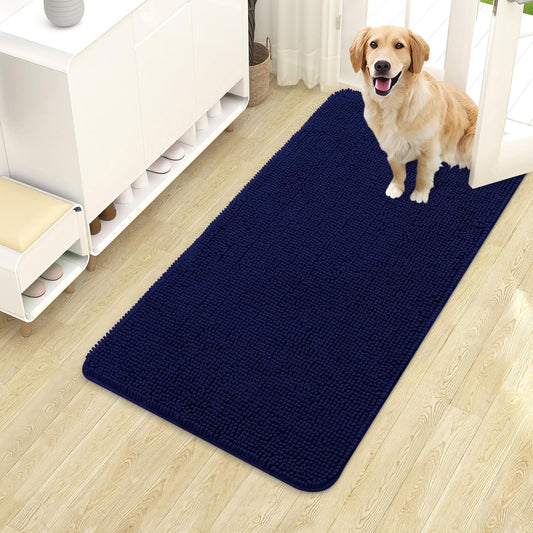 OLANLY Dog Door Mat - Absorbent Non-Slip Chenille for Muddy Paws | 40x24 Inches, Quick Dry, Navy Blue