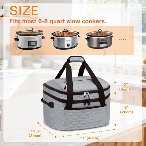 LUXJA Insulated Slow Cooker Carrying Bag - Fits 6-8 Quart Crock Pot | Double Layer Design, Gray