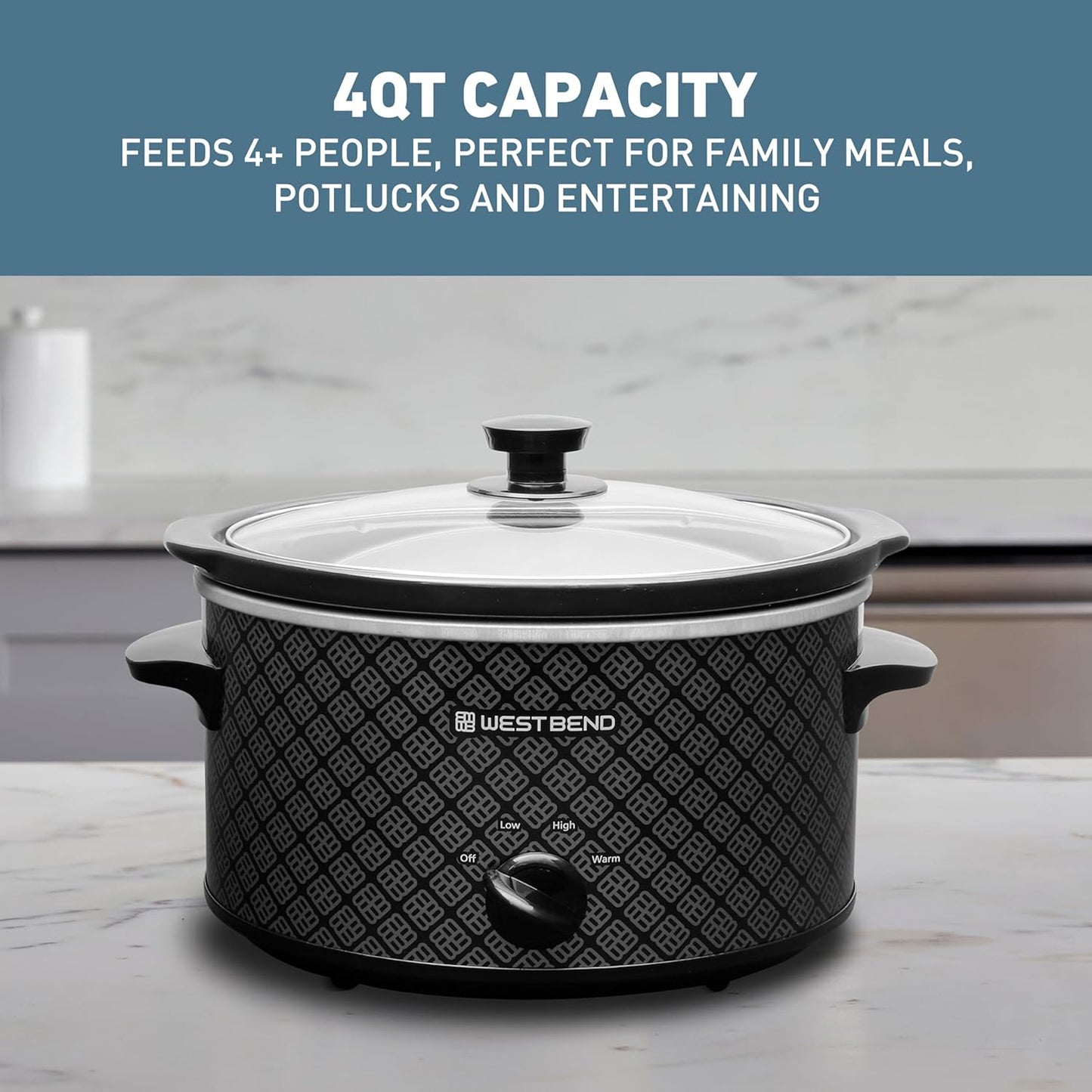West Bend 4-Quart Slow Cooker - Manual Crockpot with Dishwasher Safe Ceramic Insert & Glass Lid | Black