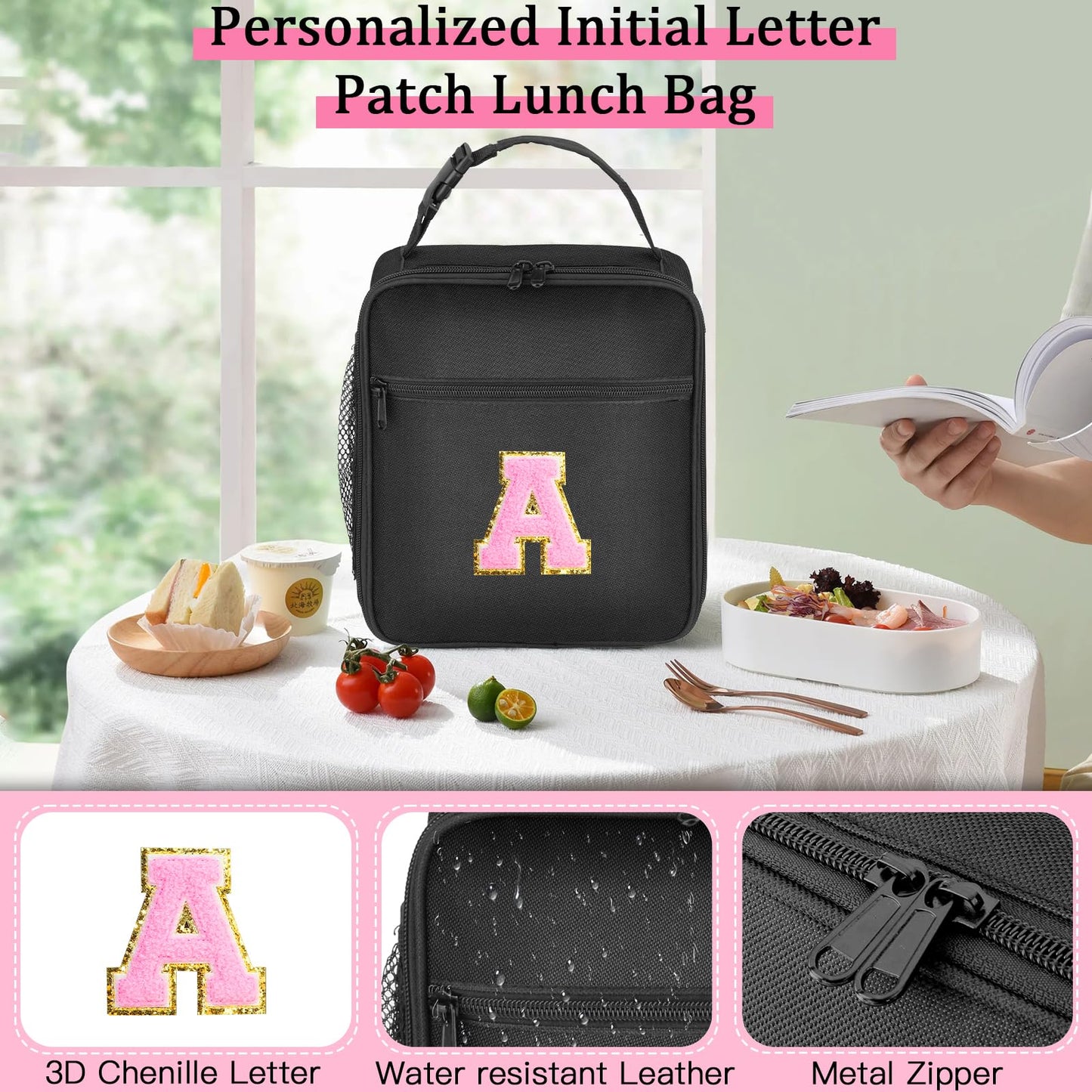 SANBADA Initial Insulated Lunch Bag, Lunch Box with Initial Letter Patch for Teen Adult, Reusable Lunch Bag for Men Women, Ideal Back to School Gift Back to School Gift Birthday Gift, Pink A